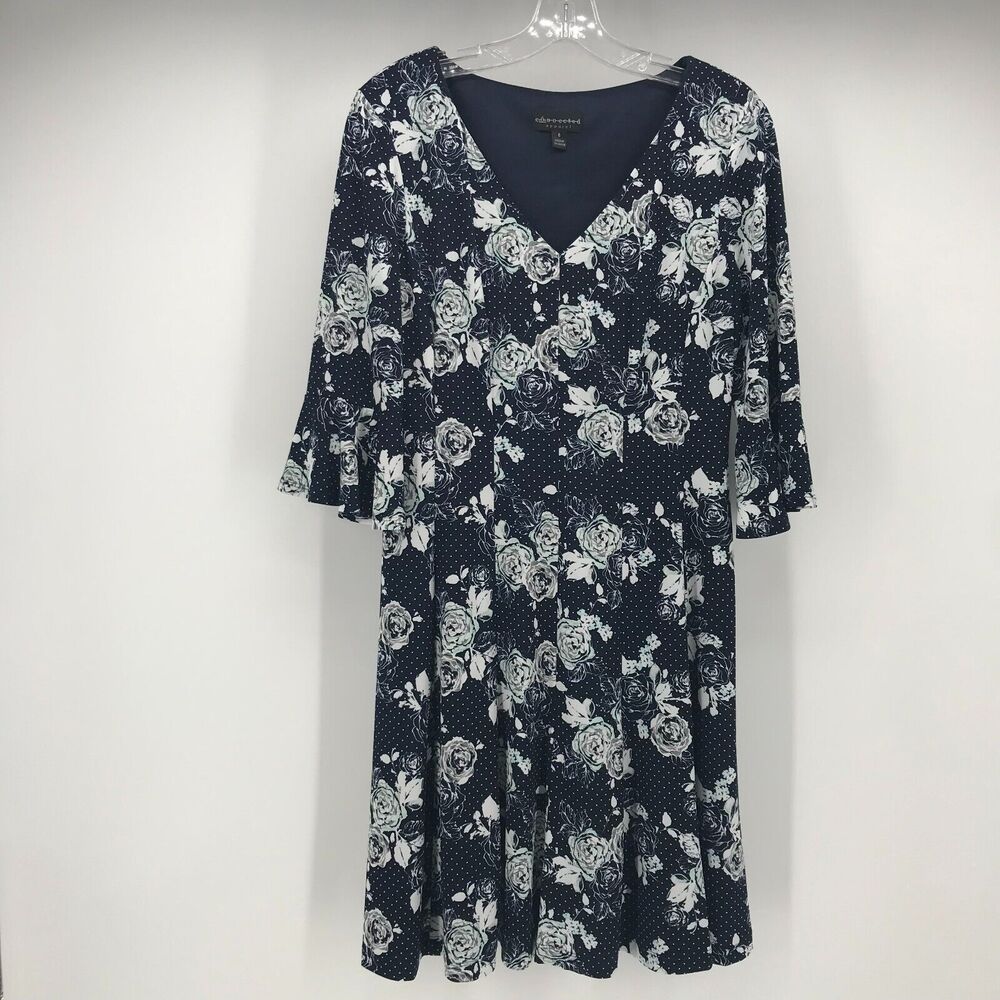 Connected Apparel Dress Womens 6 Blue White Mixed Print Fit & Flare V Neck